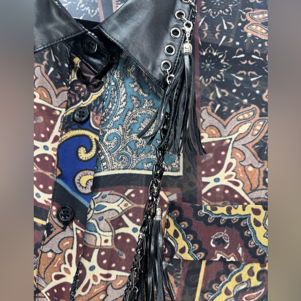 Vtg Simon Chang Collection patchwork print shirt with chains tassels 6 - Picture 8 of 16